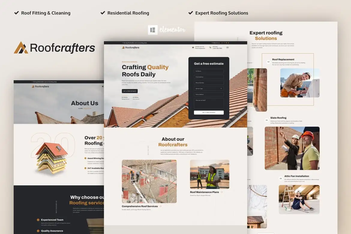 Kit de plantillas Elementor Pro de Roofcrafters - Roofing Company