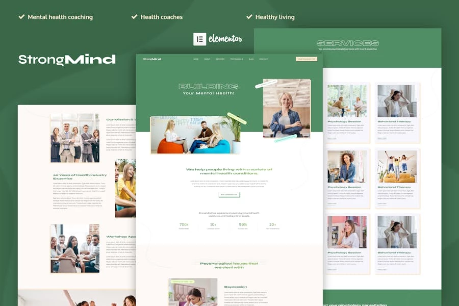 StrongMind - Template Kit Elementor Pro de salud mental y psicología
