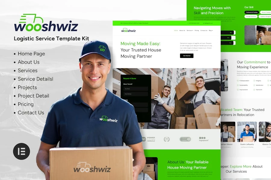 Wooshwiz - Kits de plantillas Elementor de logística y envío