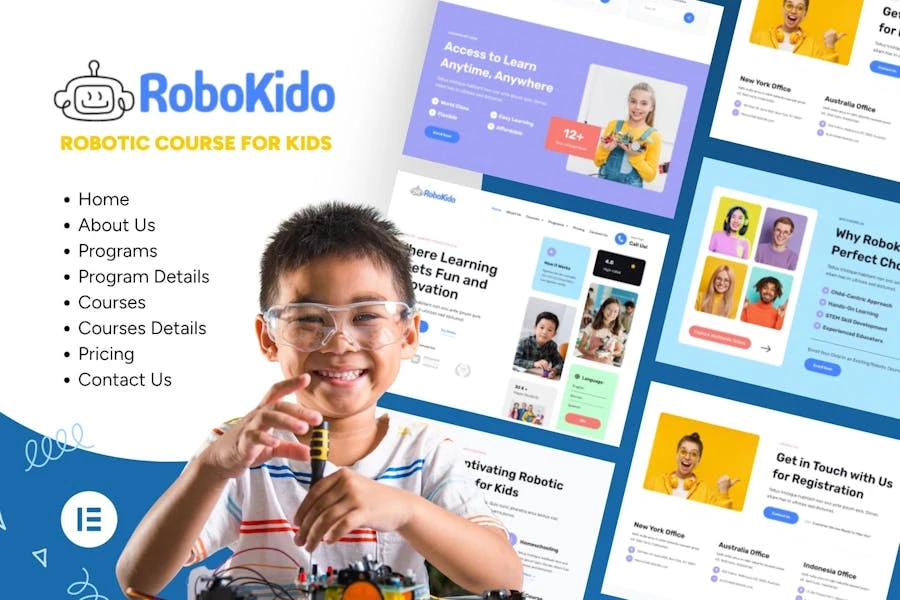 Robokido - Kit de plantillas Elementor para cursos de aprendizaje en línea para niños