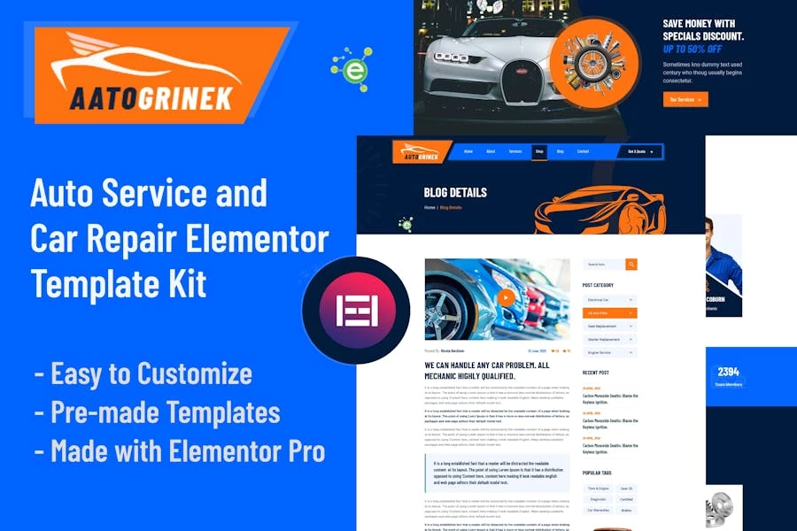 Aatogrinek - Template Kit Elementor para servicios de automóviles y reparación de automóviles