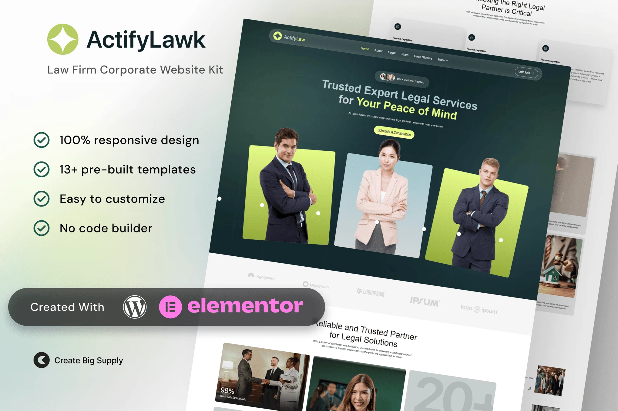 ActifyLaw - Kit de Plantillas Elementor Corporativas para Firmas de Abogados
