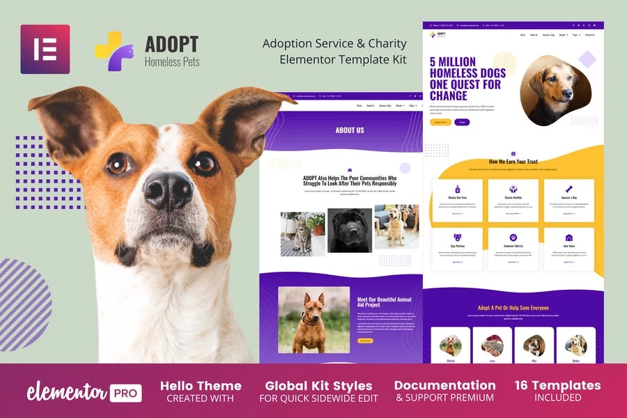 Adopt: Kit de plantillas Elementor Pro para servicios de adopción y organizaciones benéficas