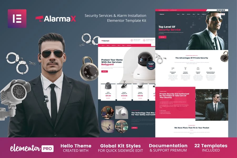 Alarmax - Kit de plantillas Elementor Pro para servicios de seguridad e instalación de alarmas