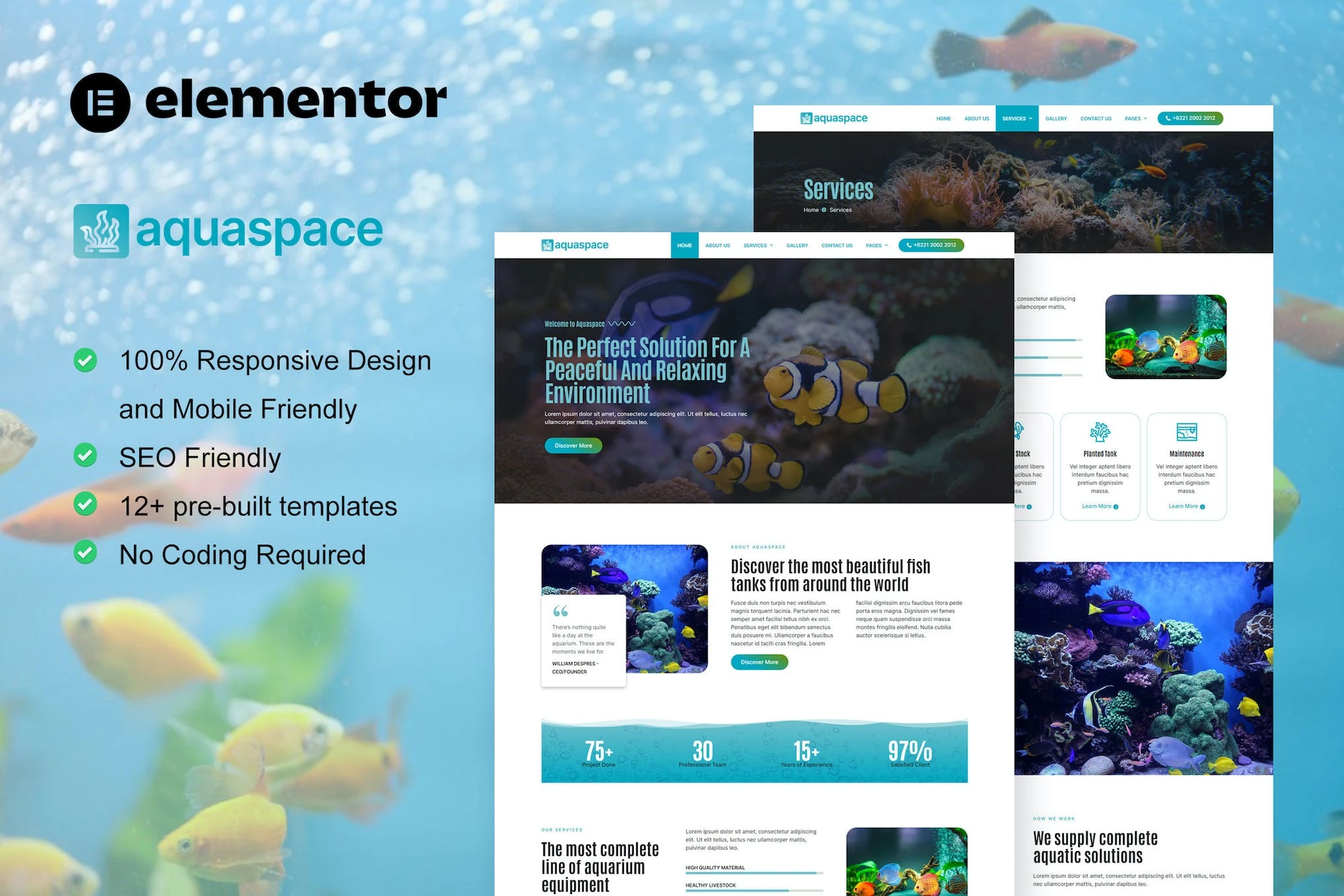Aquaspace - Template Kit Elementor para acuarios de peces y Aquascape Service