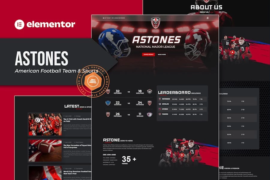 Astones - Template Kit Elementor para equipo de fútbol americano y deportes