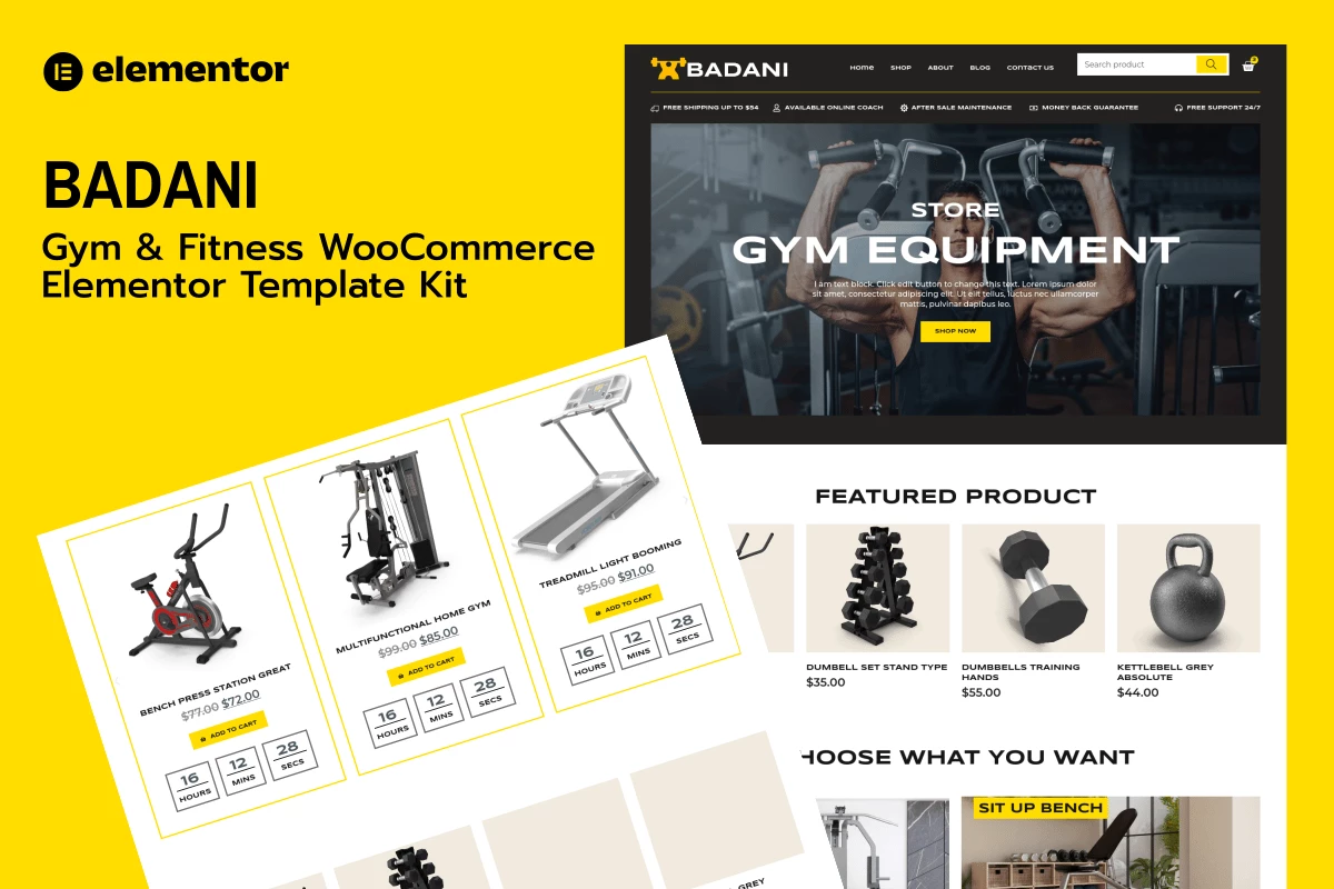Badani - Kit de plantillas WooCommerce Elementor Pro para tienda y tienda de equipos de fitness para gimnasios