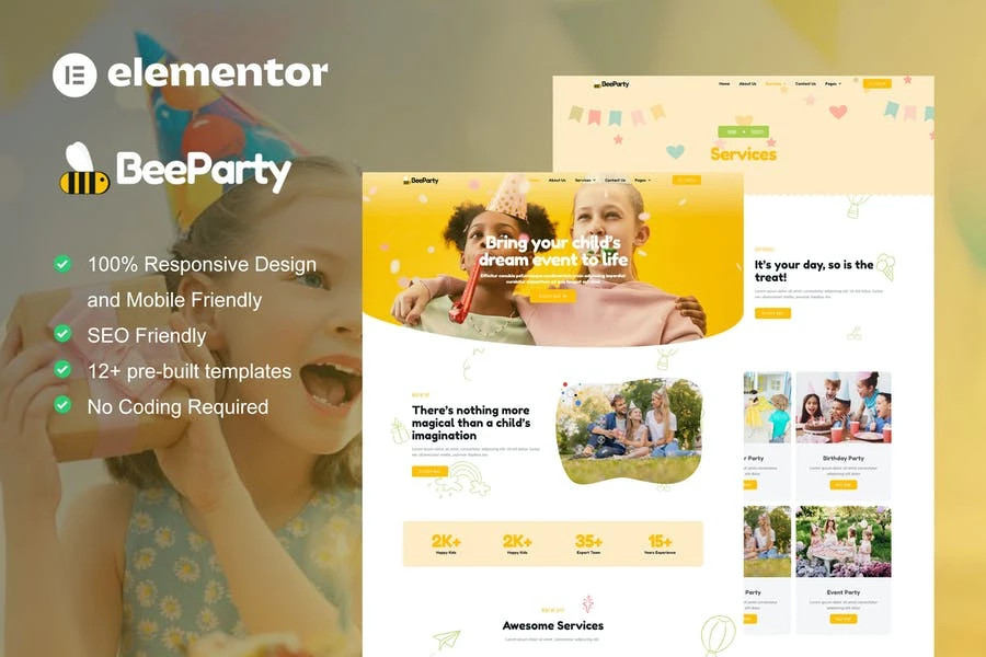 BeeParty - Template Kit elementor para planificador de fiestas infantiles