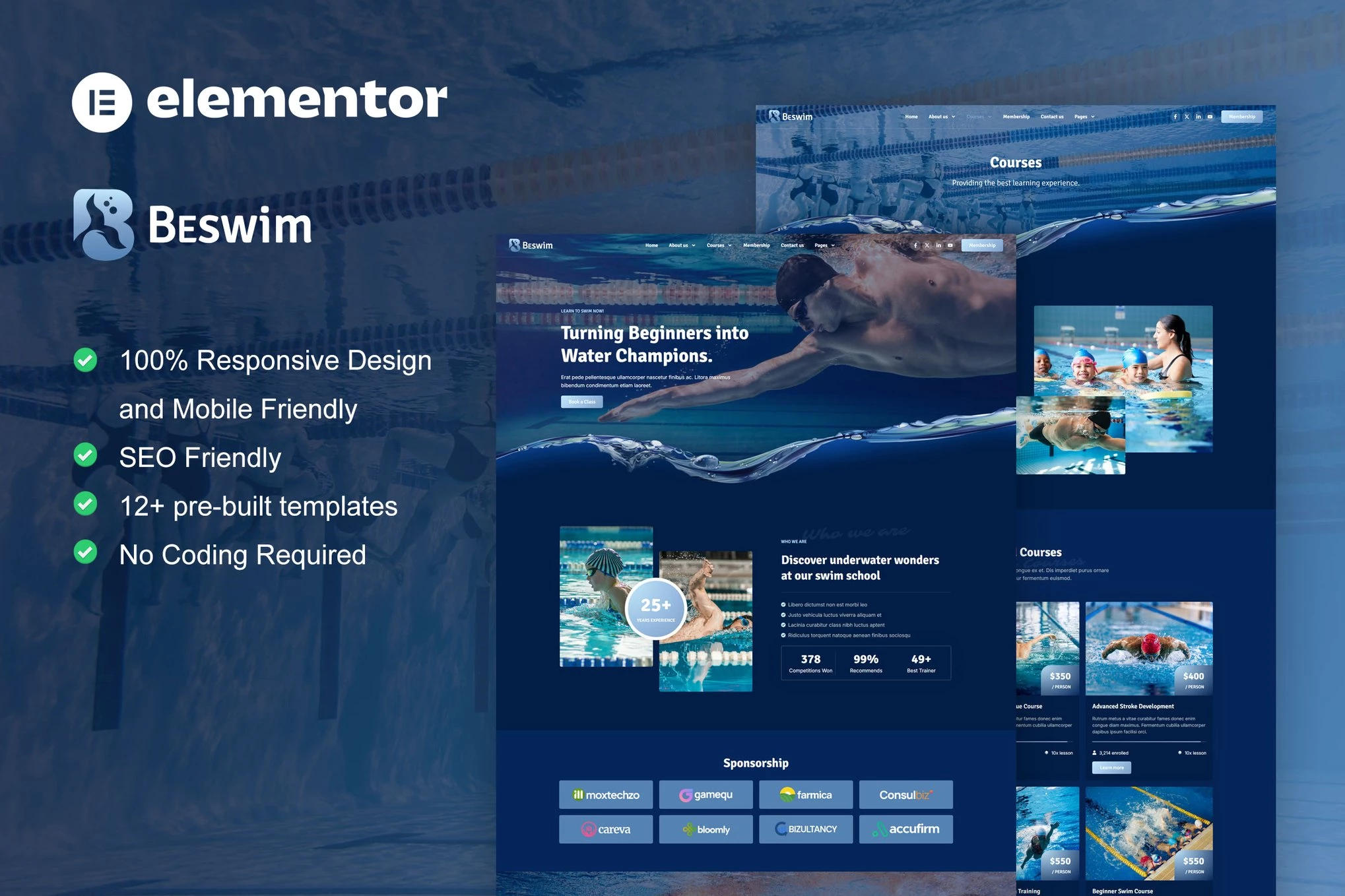 Beswim - Kit de plantillas Elementor Pro para cursos y entrenamiento de natación