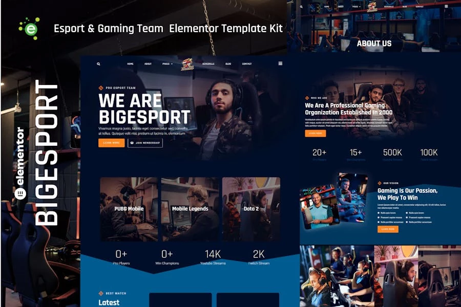 Bigesport - Template Kit Elementor para equipos de deportes electrónicos y juegos