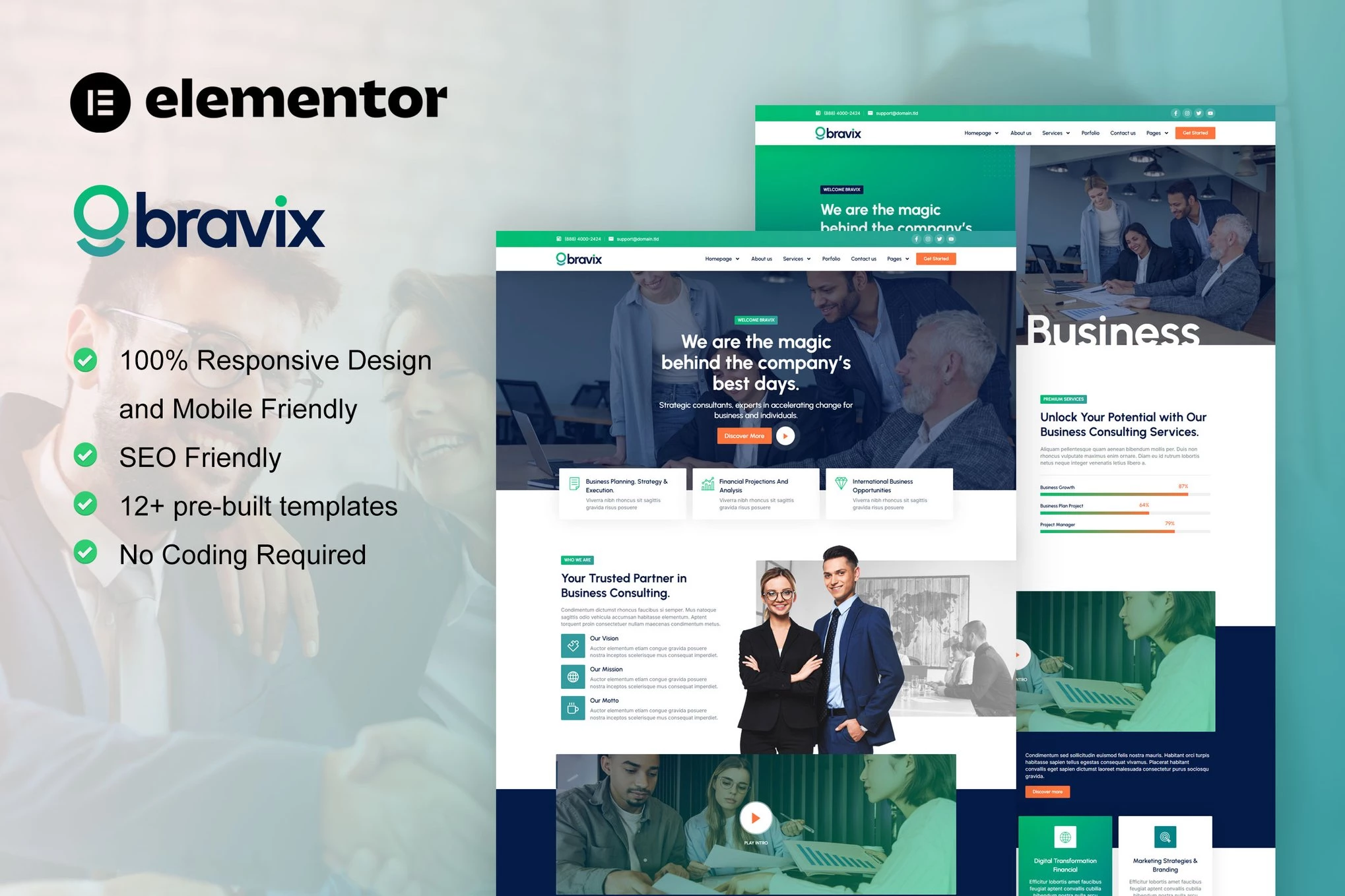 Bravix - Kit de plantillas Elementor Pro para consultoría empresarial