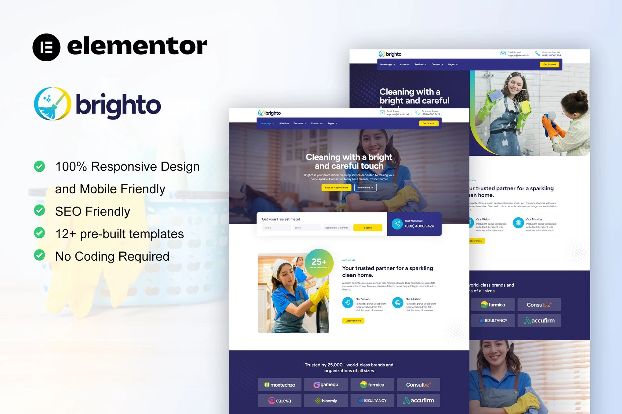 Brighto - Kit de plantillas Elementor Pro para empresas de servicios de limpieza