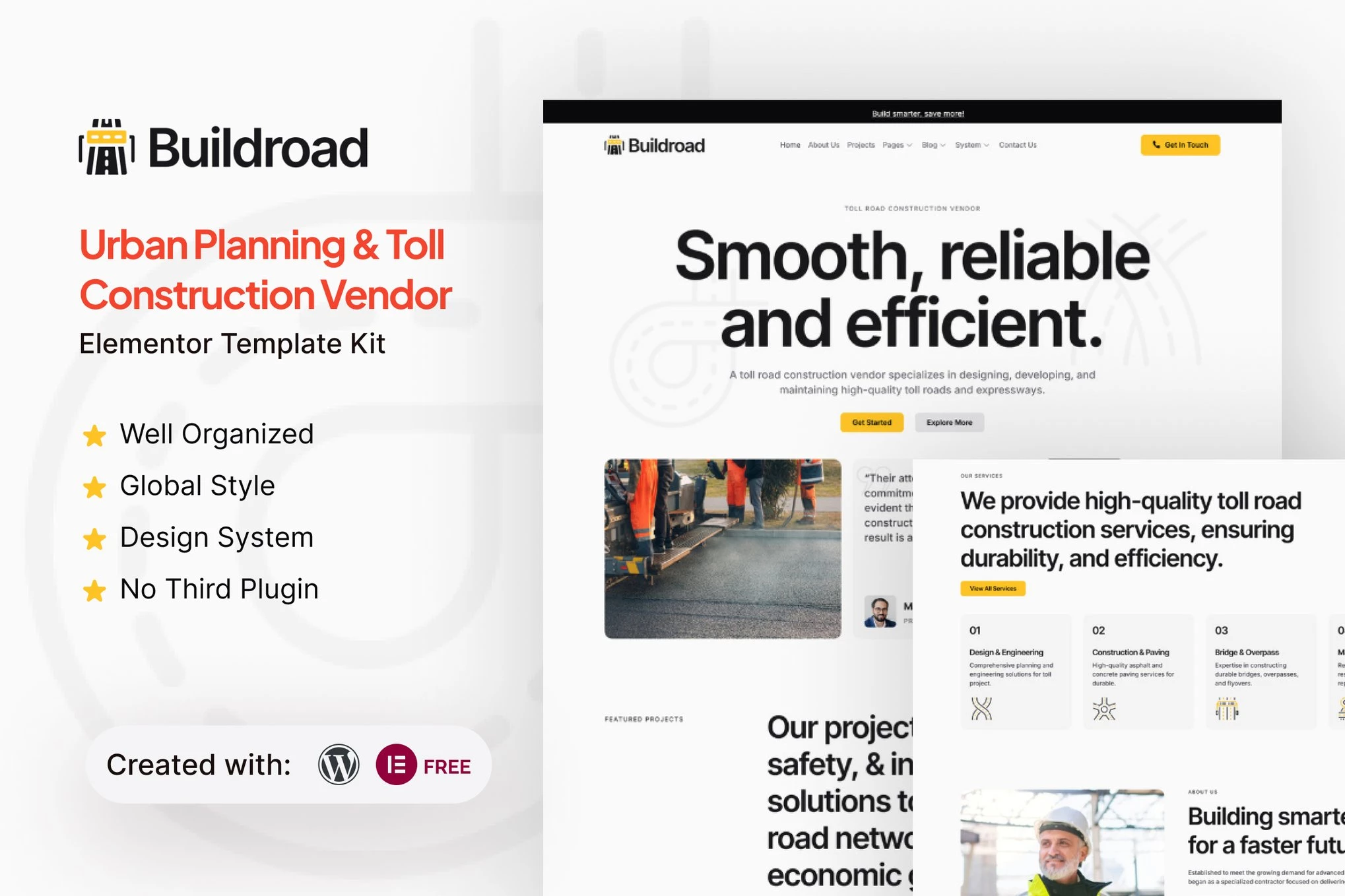 Buildroad - Kit de plantillas Elementor para contratistas de planificación urbana y peajes