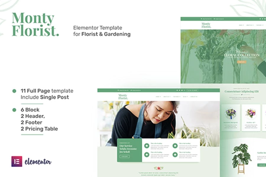Monty Florist - Kit de plantillas Elementor para boutique de flores y decoración