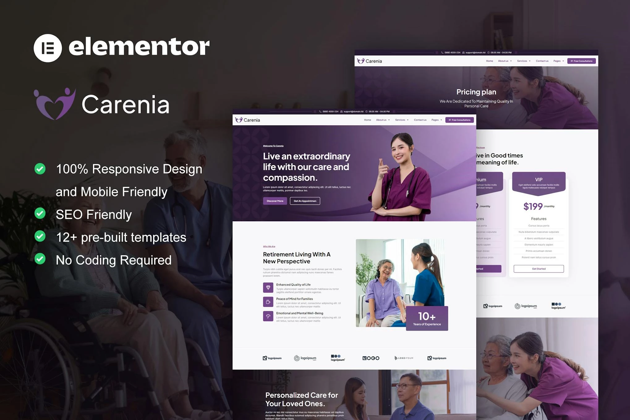Carenia - Kit de plantillas Elementor para servicios de atención domiciliaria y enfermería privados