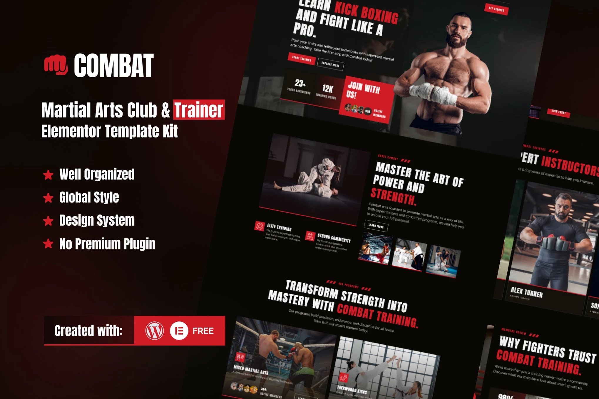 Combat: Kit de plantillas Elementor para clubes de artes marciales y entrenadores