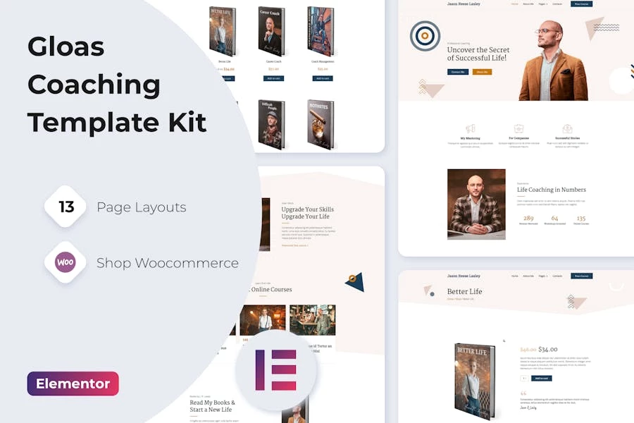 Gloas ? Kit de plantillas Elementor para cursos en línea de Life Coach