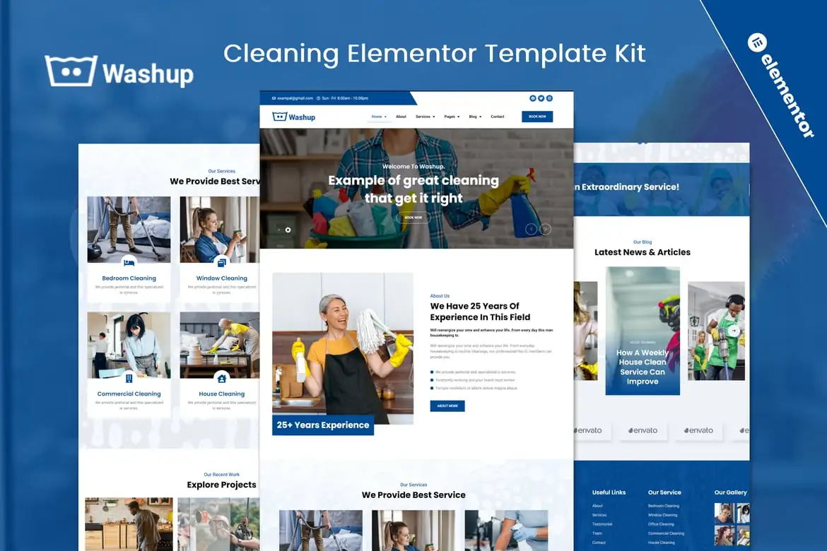 Washup- Kit de plantillas Elementor para servicios de limpieza