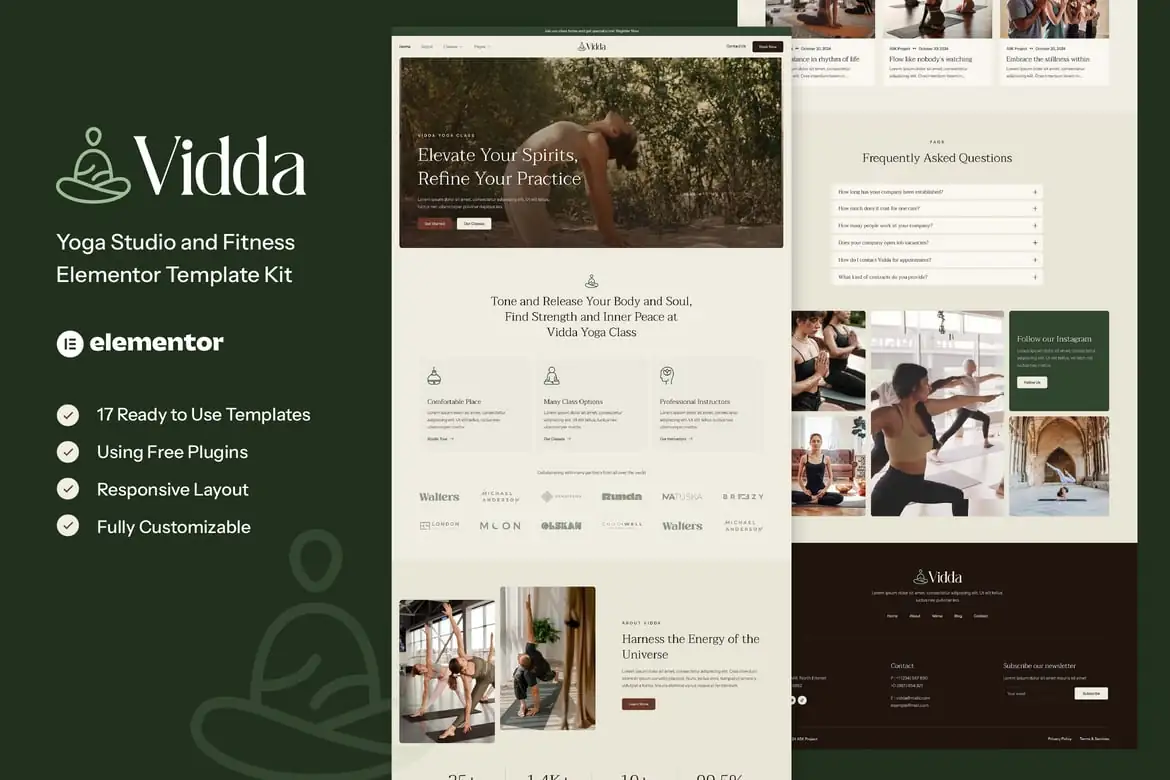 Vidda - Kit de plantillas Elementor para estudio de yoga y fitness