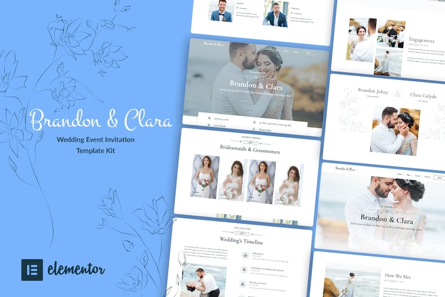 Brandon & Clara - Kit de plantillas Elementor para invitaciones a eventos de boda