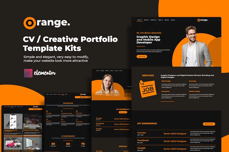 Kits de plantillas de Elementor para currículum vitae y Porfolio Creativo de Orange