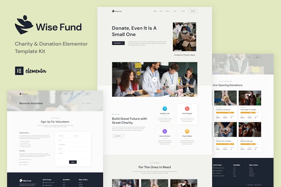 Wise Fund - Template Kit Elementor para organizaciones benéficas y donaciones