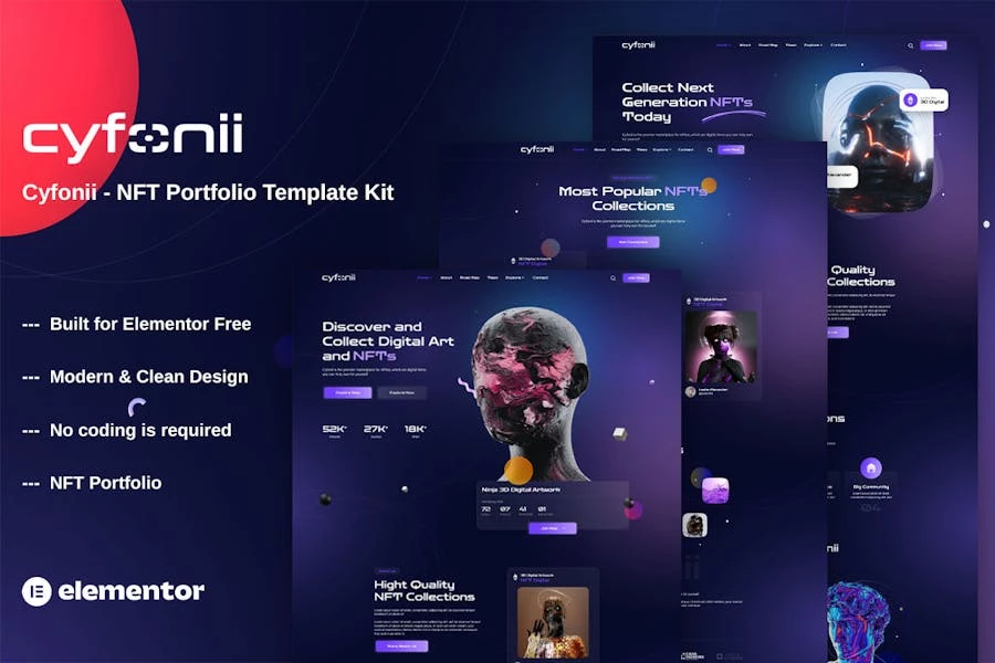 Cyfonii - Template Kit Elementor para Porfolio de Agencia de Recurso digitales NFT