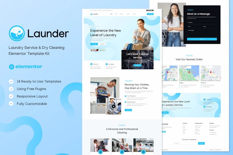 Launder - Kit de plantillas Elementor para servicio de lavandería y tintorería