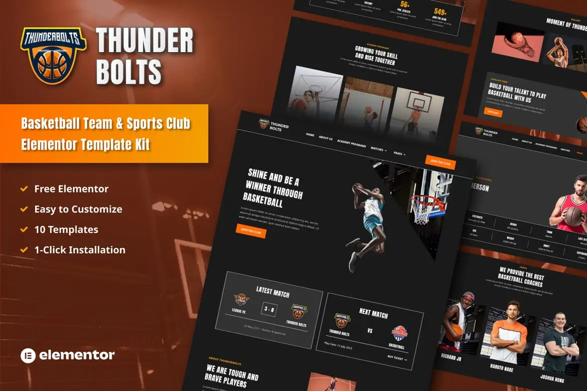 Thunderbolts - Kit de plantillas Elementor para equipos de baloncesto y clubes deportivos