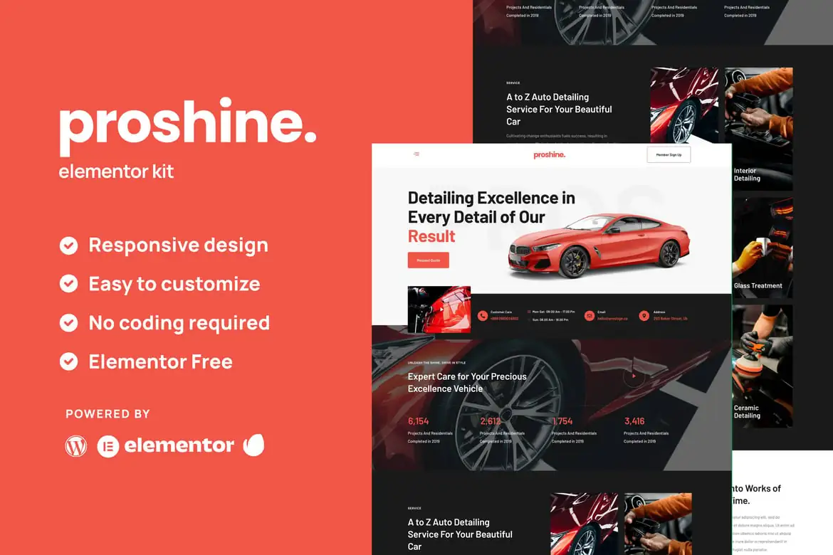 Proshine - Kit de plantillas Elementor para detalles de automóviles y servicio de automóviles