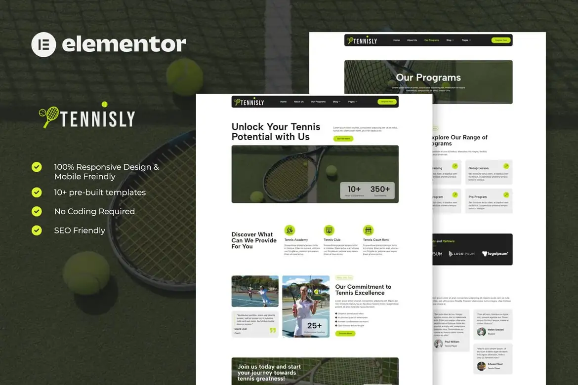 Tennisly - Kit de plantillas Elementor para escuelas de tenis y clubes deportivos
