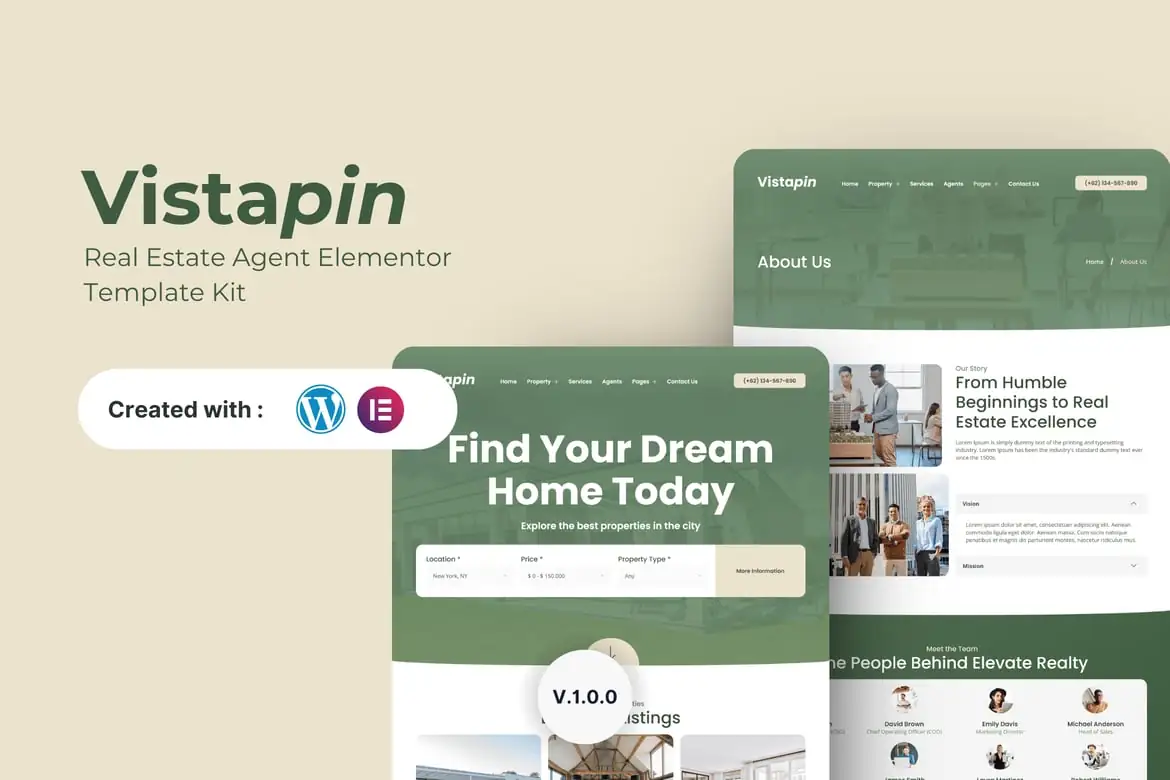 Vistapin - Kit de plantillas Elementor para agentes inmobiliarios