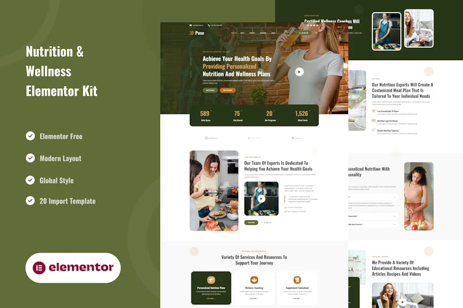 Poso - Template Kit Elementor personalizado de nutrición y bienestar