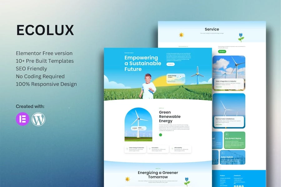 Ecolux - Kit de plantillas Elementor de energía renovable ecológica