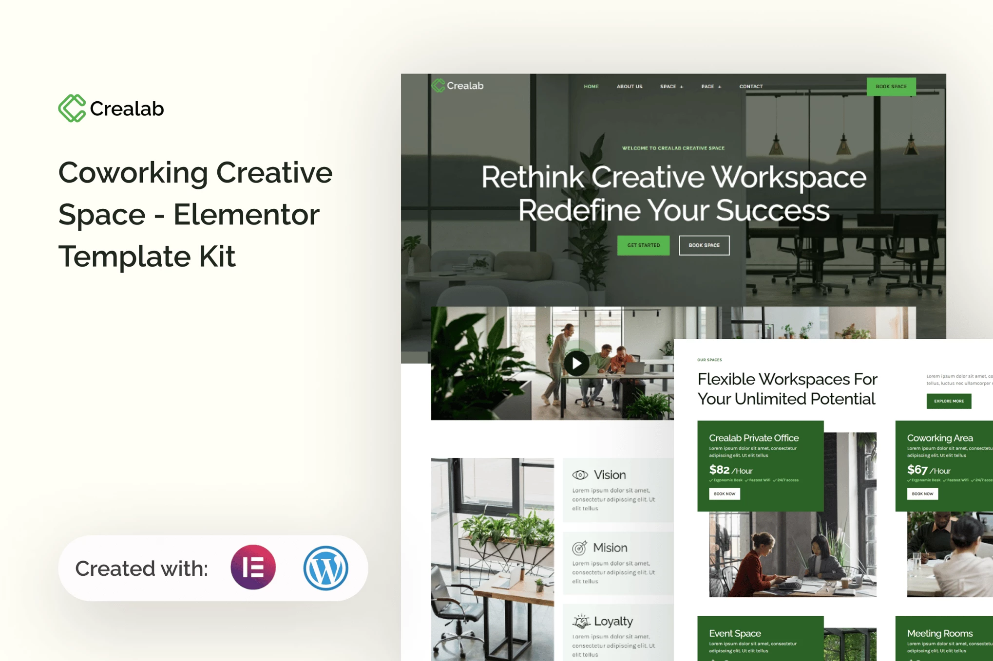 Crealab - Kit de plantillas Creative Space Elementor para coworking