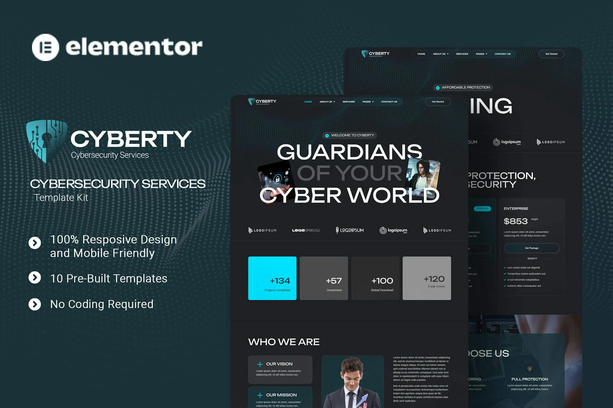 Cyberty - Kit de plantillas Elementor para servicios de ciberseguridad