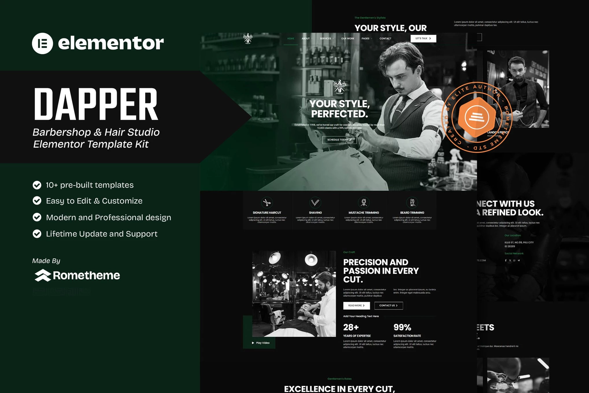Dapper - Kit de plantillas Elementor para barbería y peluquería