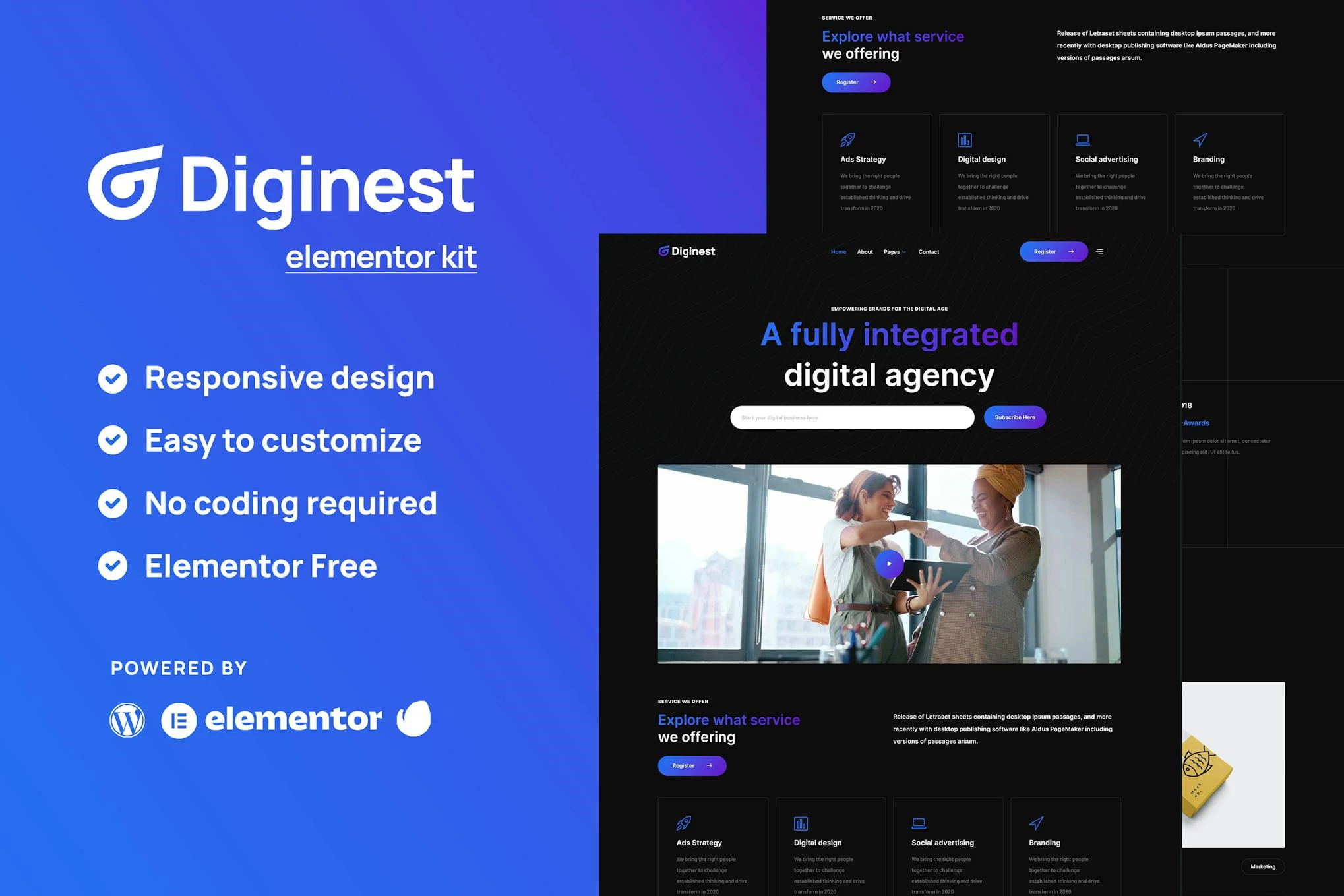 Diginest - Kit de plantillas Elementor para servicios de agencias digitales