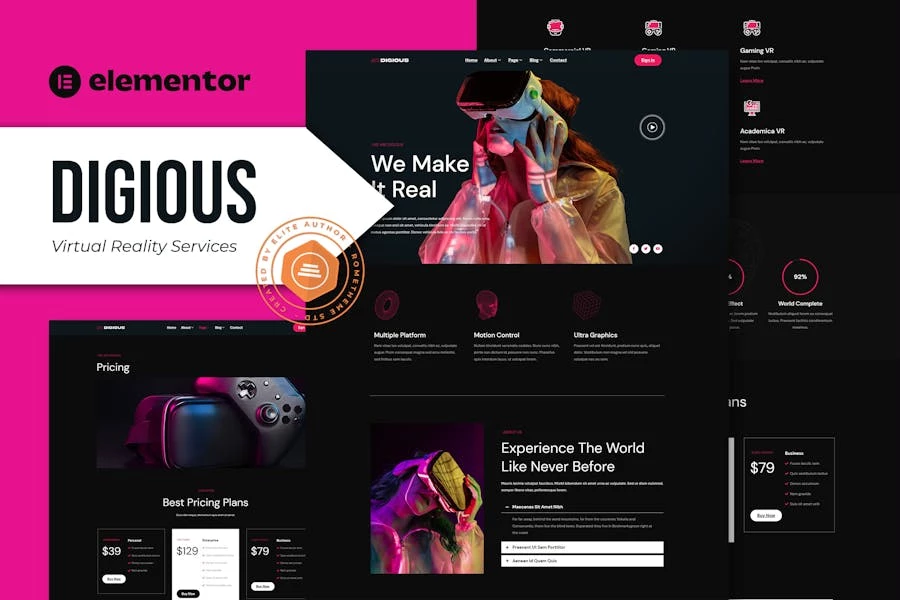 Digious - Template Kit Elementor de servicios de realidad virtual