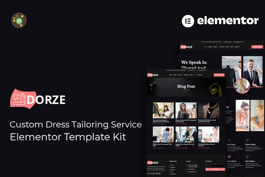 Dorze - Template Kit Elementor Pro para servicio de sastrería de vestidos personalizados