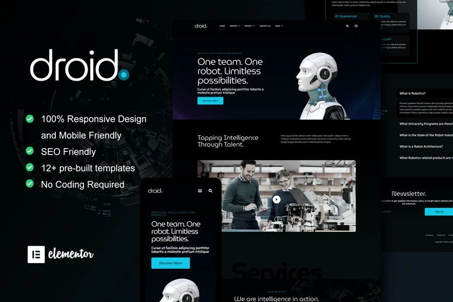 Droid - Template Kit Elementor de servicios de robótica y tecnología