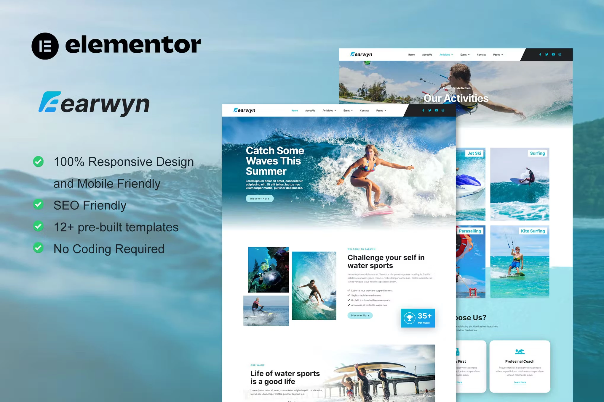 Earwyn - Template Kit profesional Elementor para deportes acuáticos y surf