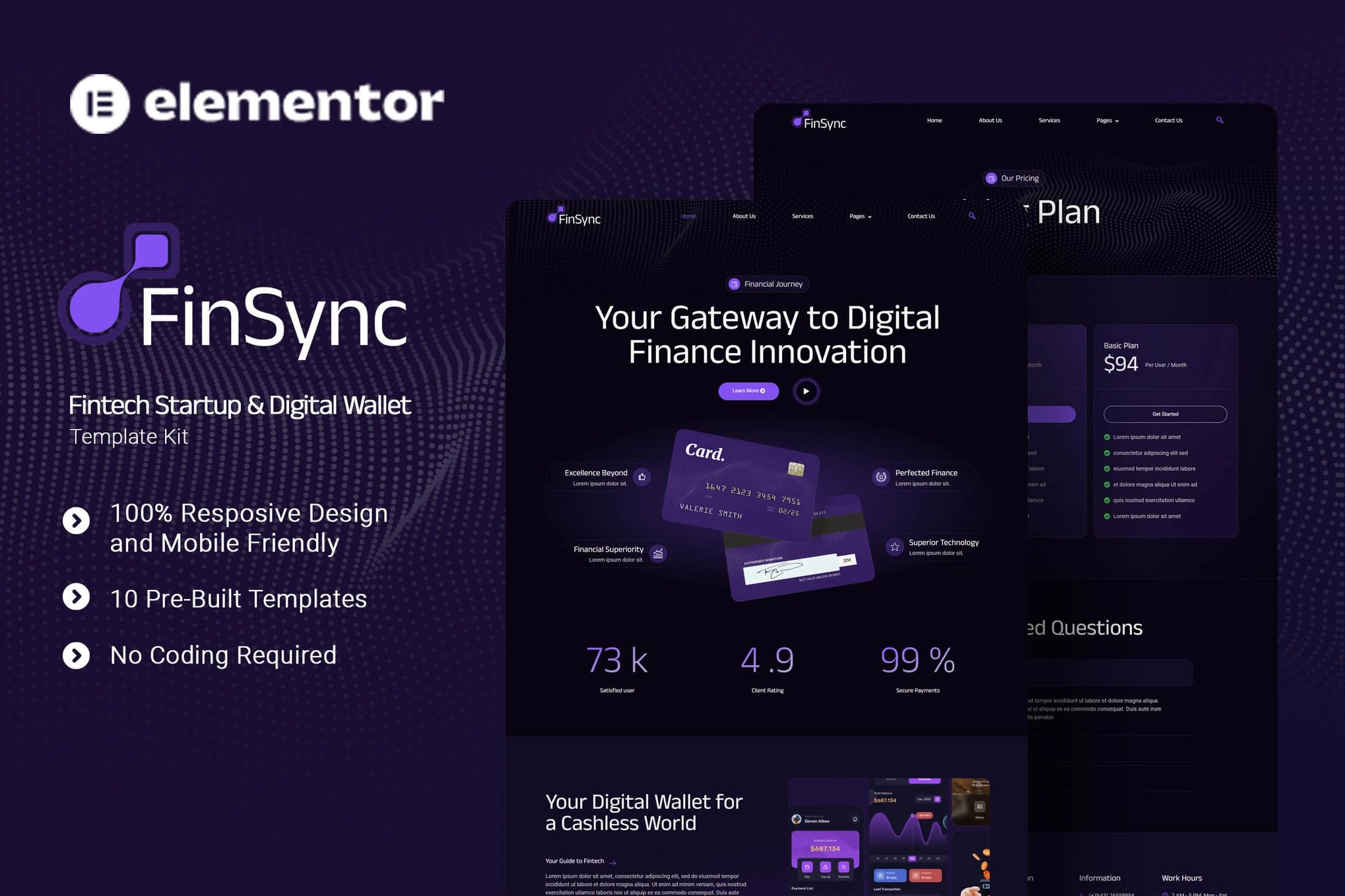 FinSync - Kit de plantillas Elementor para startups y monederos digitales de fintech