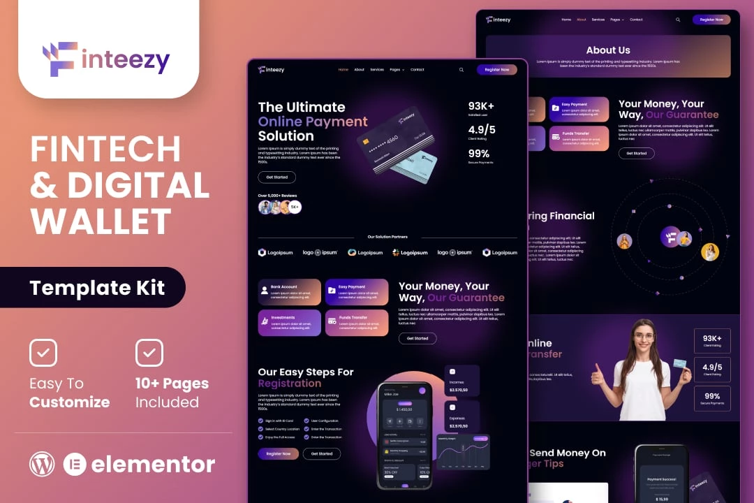 Finteezy - Kit de plantillas Elementor para startups y carteras digitales de Fintech