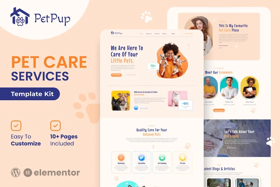 PetPup - Kit de plantillas Elementor para servicios de cuidado de mascotas