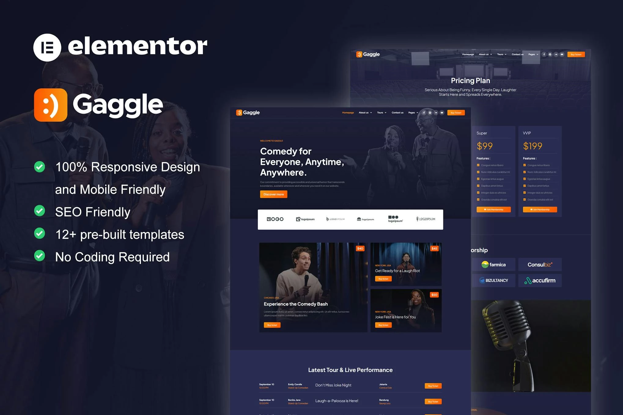 Gaggle - Kit de plantillas Elementor Pro para comediantes y programas de entretenimiento