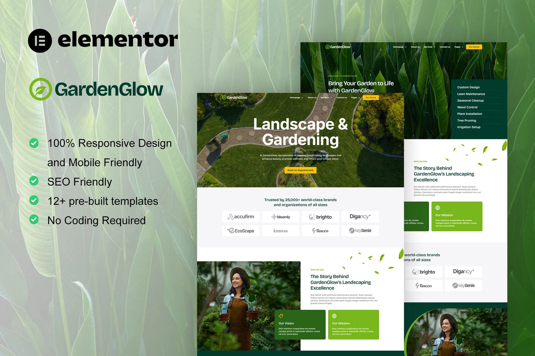 GardenGlow - Kit de plantillas Elementor Pro para jardinería y paisajismo