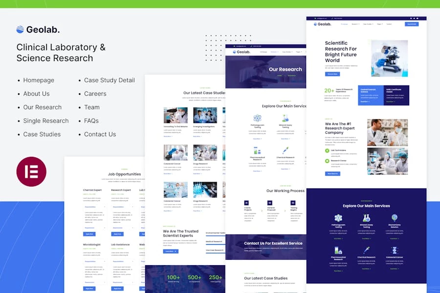 Geolab | Template Kit Elementor de laboratorio clínico e investigación científica