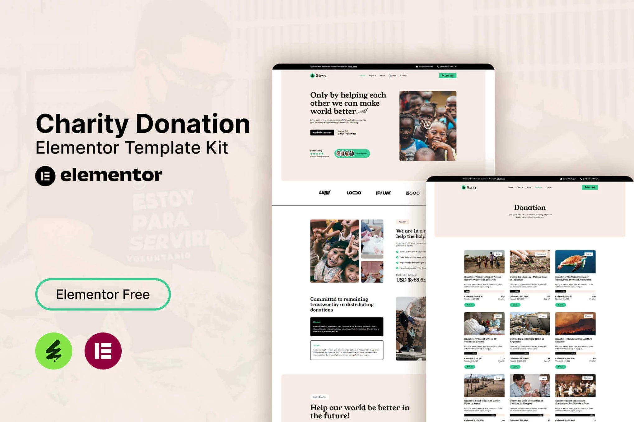 Givvy - Kit de plantillas Elementor para donaciones benéficas