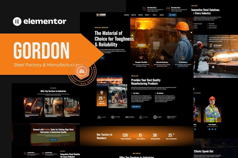 Gordon - Kit de plantillas Elementor para la fabricación de fábricas de acero y plantas industriales